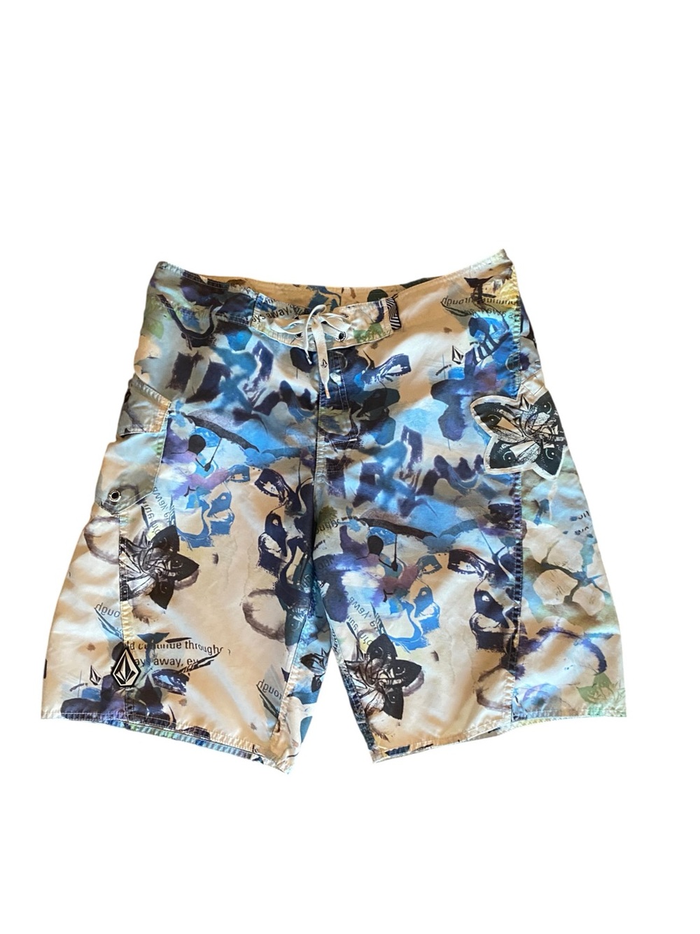 Volcom  Sketch floral mixed media Graphic Board Shorts Blue Cream Swim trunks